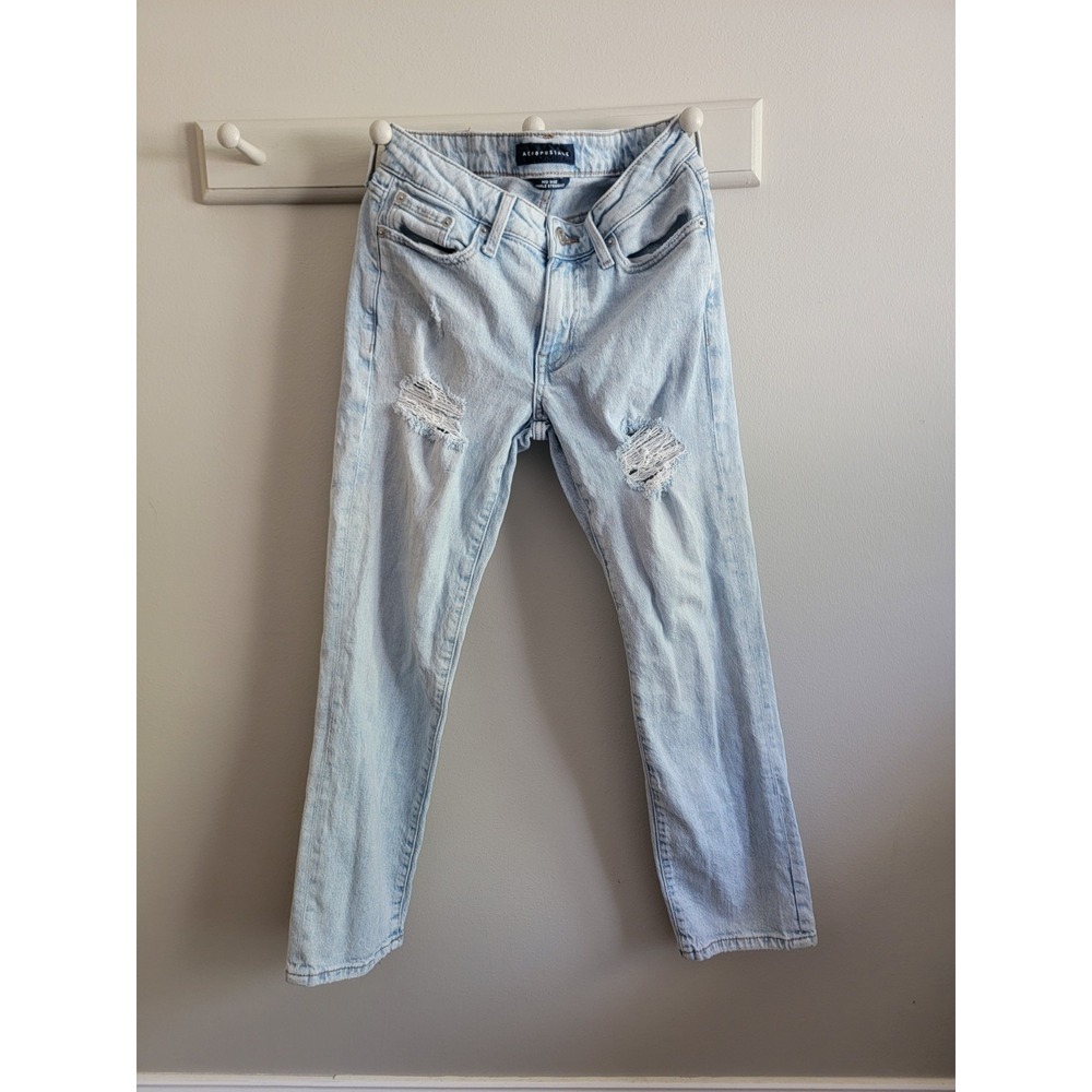 Aeropostale Women's 0 Mid Rise Ankle Straight Light Wash Distressed Denim Jeans